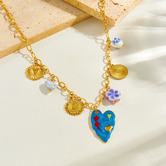 Creative Drip Oil Gold Plated Heart Floral Ceramic Pendant Stainless Steel Cable Chain Necklace for Women