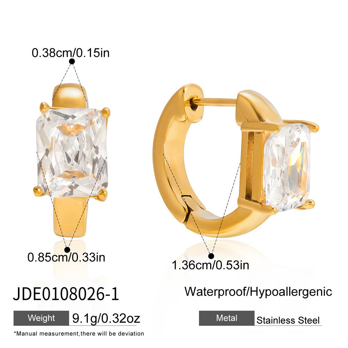 Aretes de aro geométricos de acero inoxidable con detalles de circonita bañados para mujer, joyería de oreja de moda minimalista de lujo