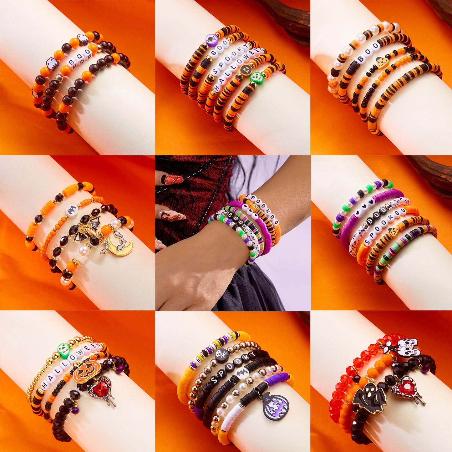 Juego de pulseras de murciélago fantasma de Halloween dulce-atrevido con abalorios de cristal de aleación para un accesorio de moda apilable