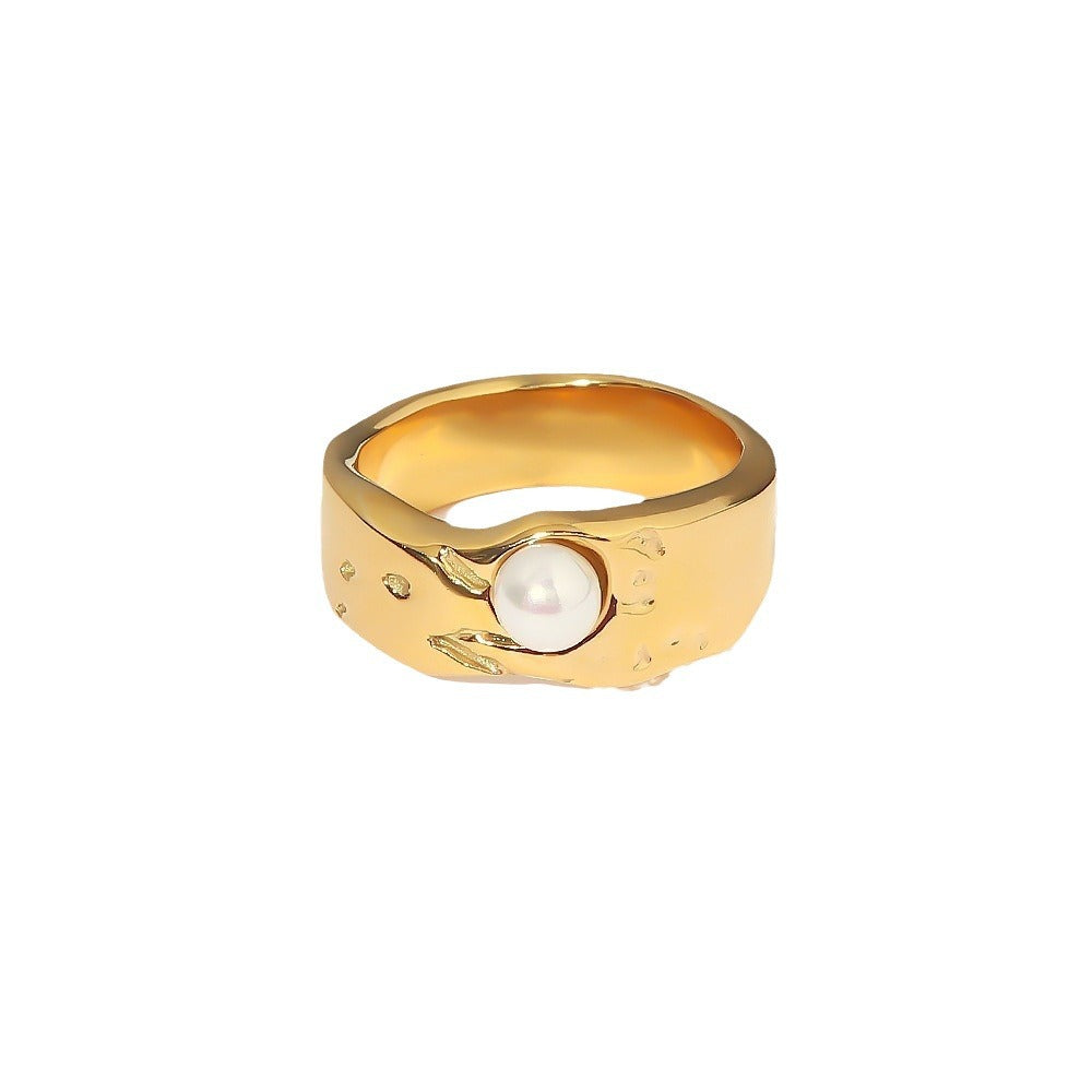 INS Style Geometric Lava Pearl Ring in Stainless Steel with 18K Gold Plating for Women