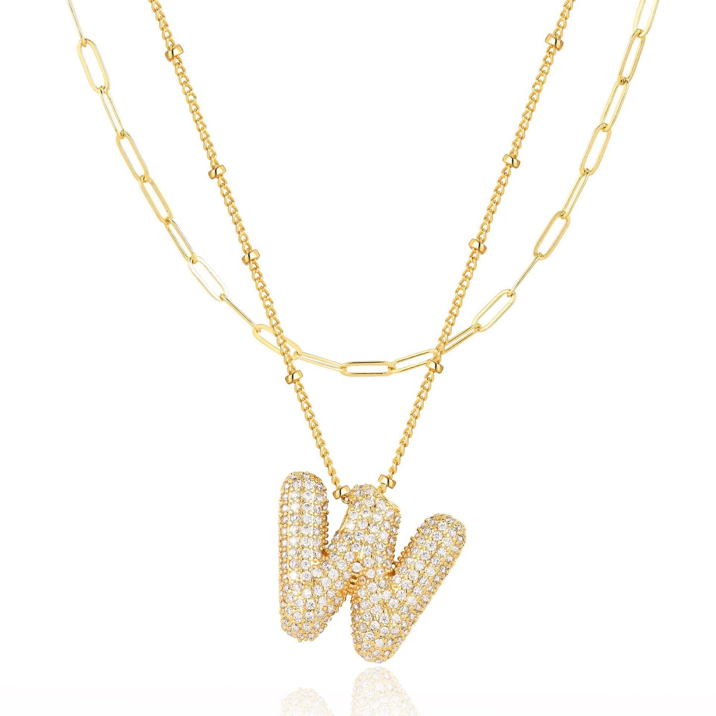 18K Gold Plated Brass Double Layer Letter Necklace Micro Pave Cubic Zirconia Serpentine Chain Women's Jewelry