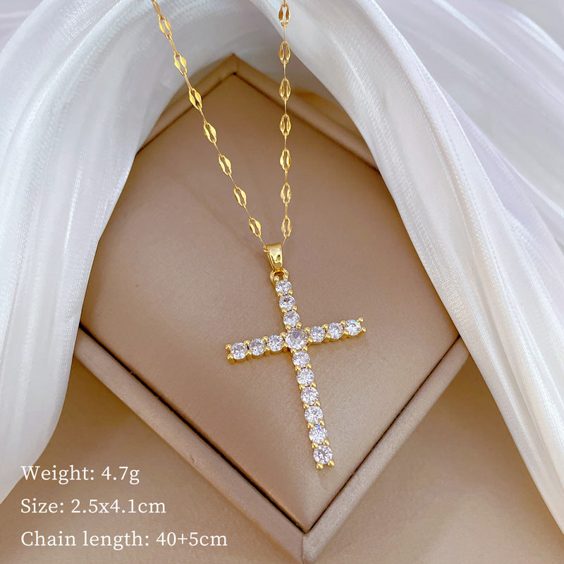 Minimalist Titanium Steel Cross Pendant Necklace with Zircon Inlay Geometric Design for Clavicle Wear Unisex Fashion Jewelry