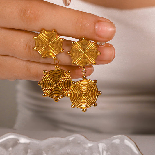Minimalist Geometric Stainless Steel Plated 18K Gold Disc Pendant Earrings for Women with Asymmetrical Design