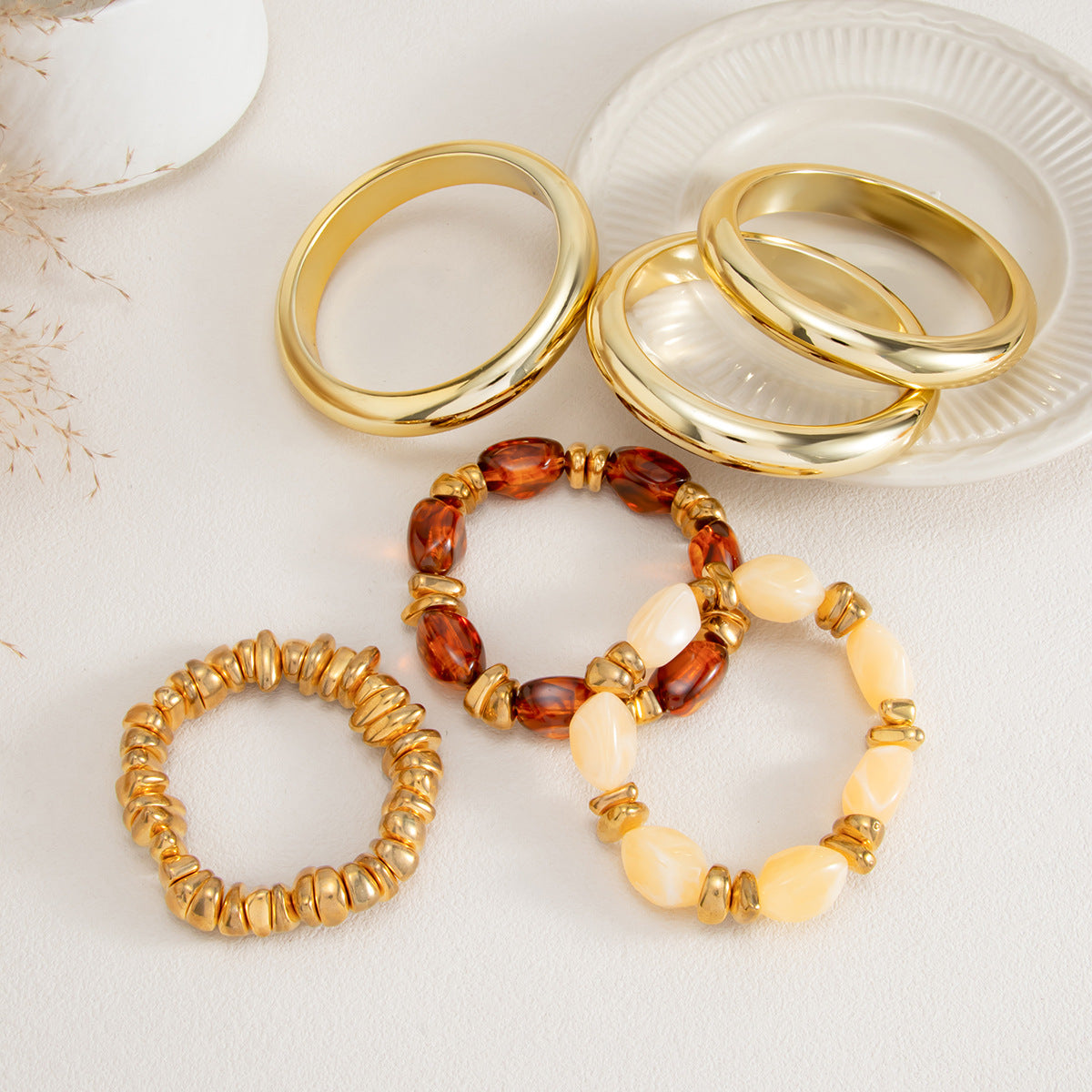 Vintage Elegant Geometric Resin Beaded Bracelet Set Plated Irregular CCB Beads