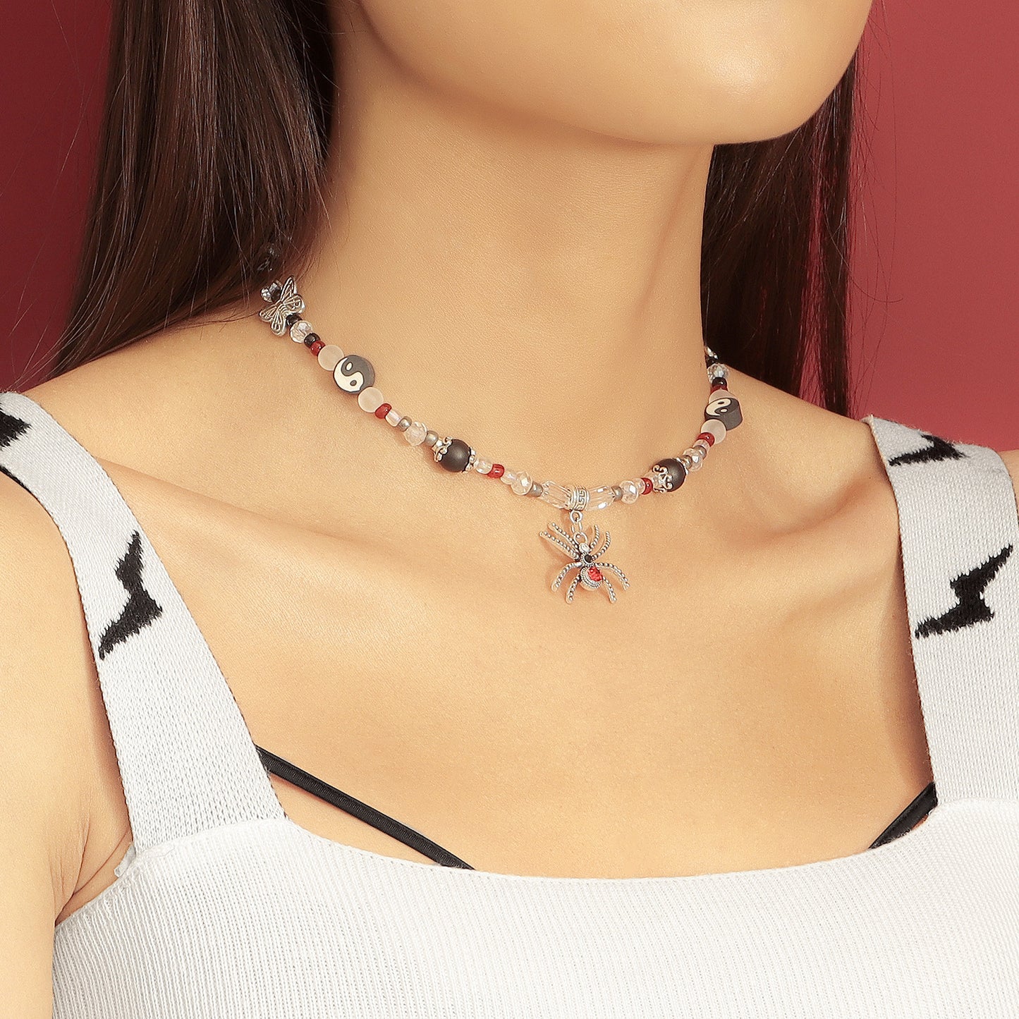 Minimalist Black and White Spider Pendant Necklace for Women with Rhinestone Inlay and Gold Plated Alloy