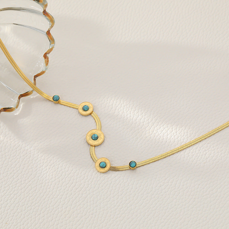 Bohemian Style Oval Turquoise Pendant Necklace for Women and Men in Titanium Steel with Plated Finish on Snake Chain