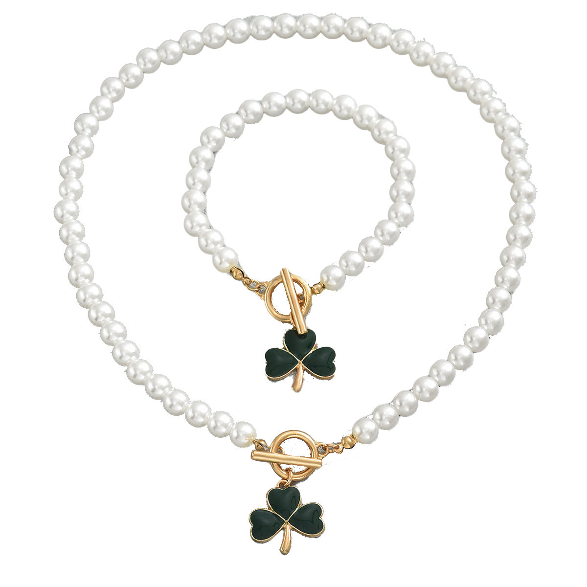 Minimalist Clover-Shaped Alloy Necklace and Bracelet Set for Women with Pearl-Embellished Beaded Design