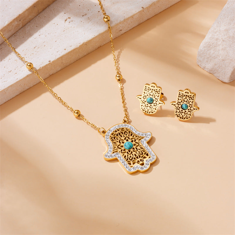 Vintage Fashion Hand-Shaped Turquoise Inlay Openwork Mesh Stainless Steel Necklace and Earrings Set