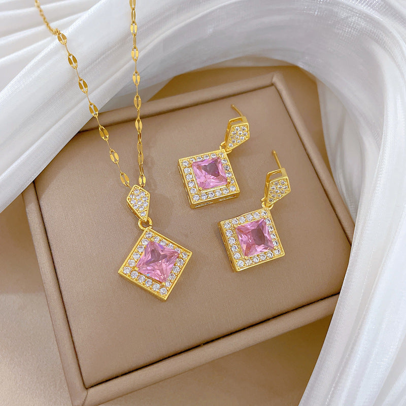 Sweet Elegant Micro-set Geometric Titanium Steel Necklace and Earring Set for Women