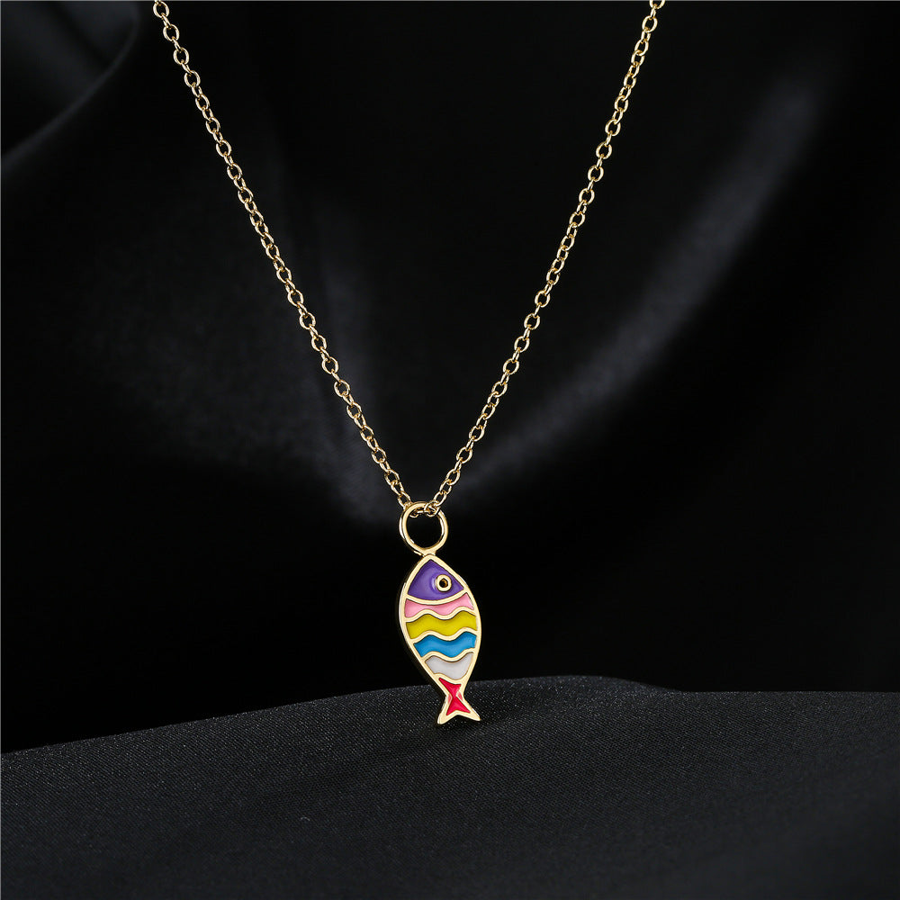 Geometric Fish Drip Oil Gold Plated Brass Necklace with Cubic Zirconia Pendant on Cable Chain