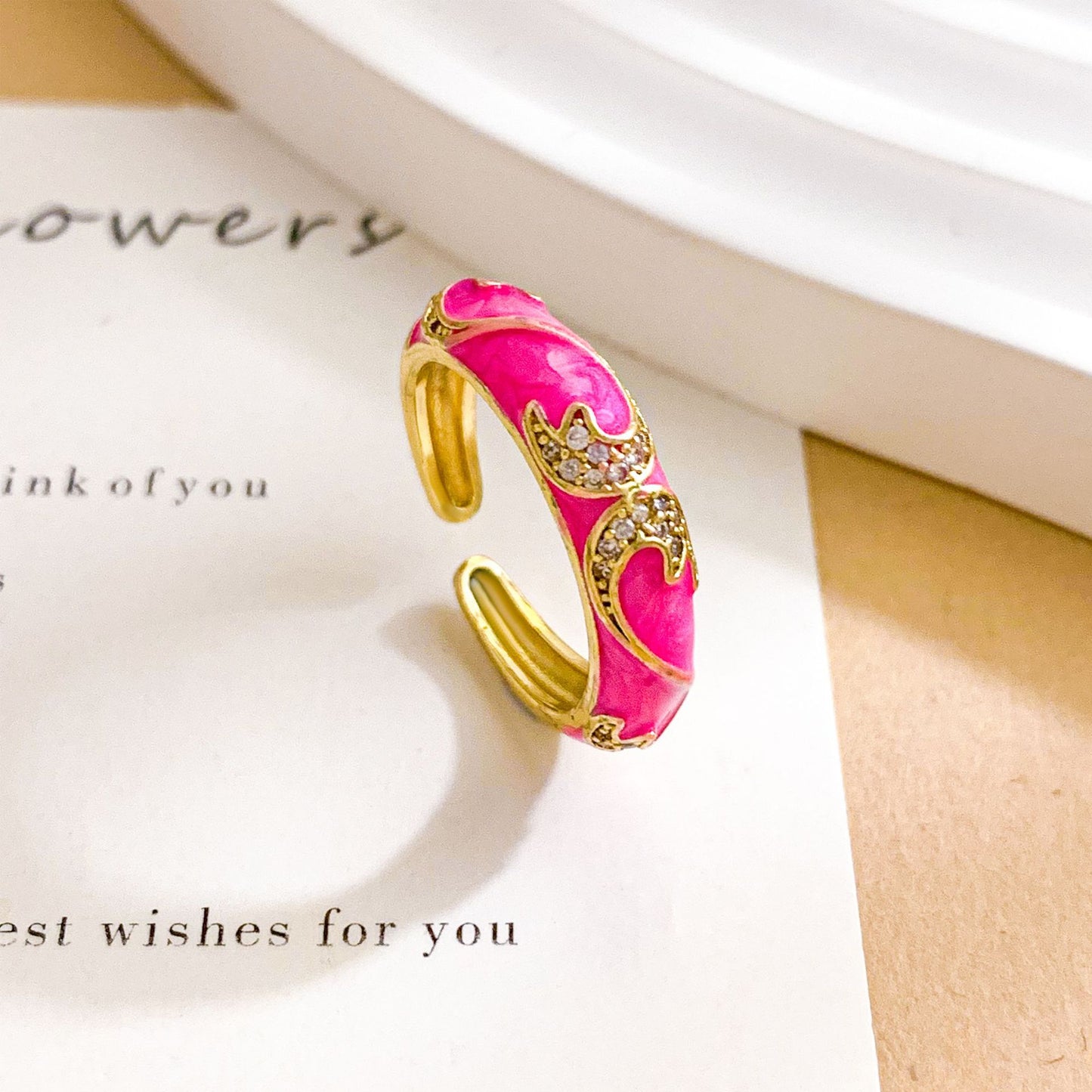 Minimalist Colorful Heart Drip Oil Gold Plated Brass Adjustable Ring for Women