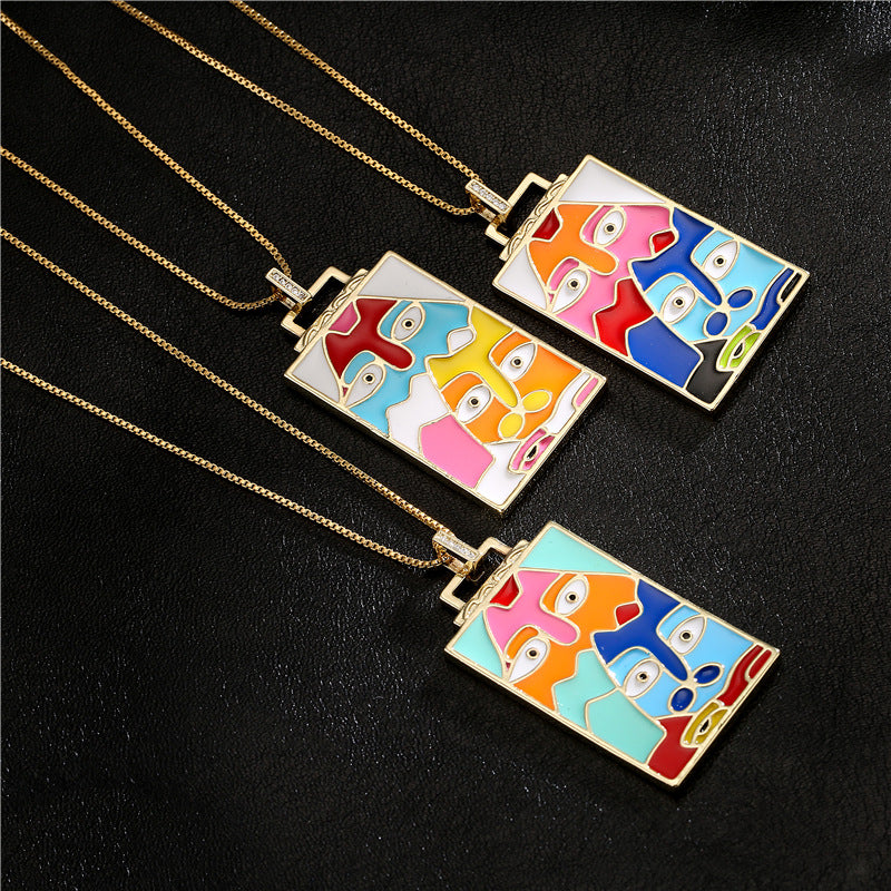 Geometric Brass Micro-Inlay Cubic Zirconia Drip Oil Pendant Necklace with Cable Chain