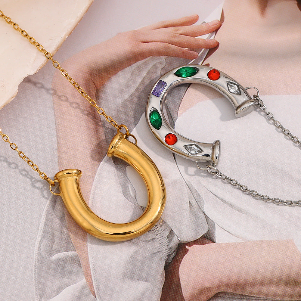 Minimalist U-Shaped Pendant Necklace in 316L Stainless Steel with 18K Gold Plating and Colorful Rhinestones for Women
