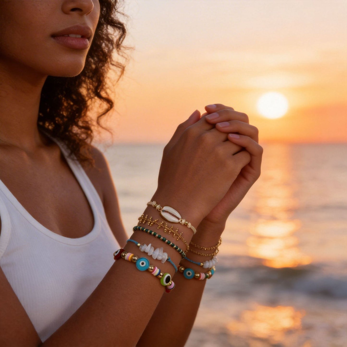 Bohemian Geometric Round Shell and Seed Bead Alloy Bracelet Set for Women