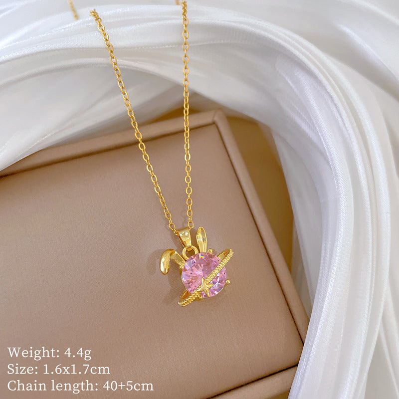 Sweet Minimalist Rabbit Rhinestone Titanium Steel Necklace for Unisex