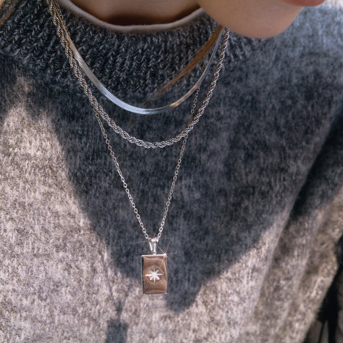Multi-Layer Stainless Steel Star Geometric Pendant Necklace PVD Plated Casual Jewelry for Women