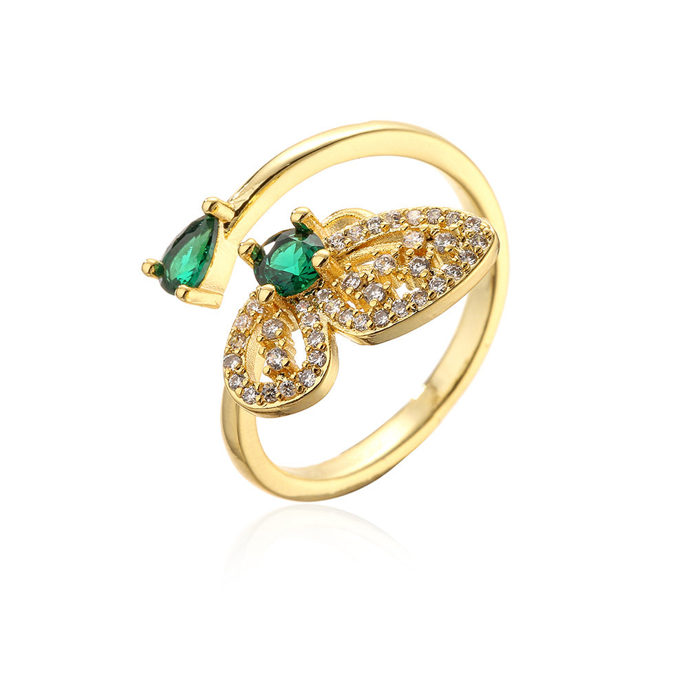 Anello aperto geometrico minimalista a forma di farfalla in rame placcato oro 18 carati e zirconi micro-pavé da donna