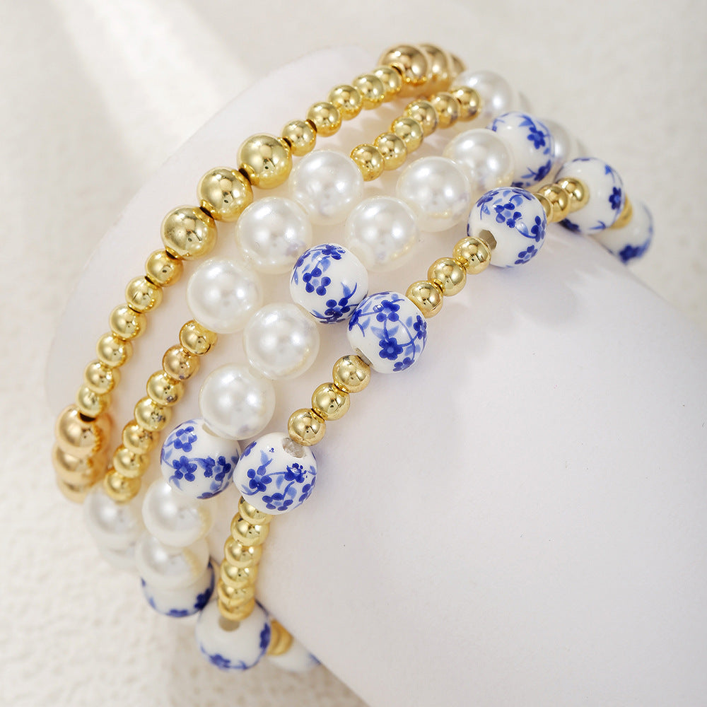 Chinese Style Blue and White Ceramic Imitation Pearl Beaded Stretch Bracelet for Women