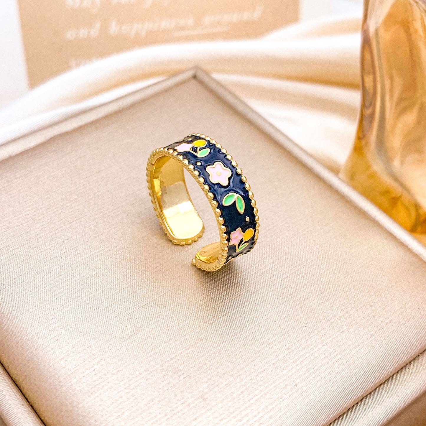 Vintage Elegant Floral Enamel Plated Alloy Ring for Women