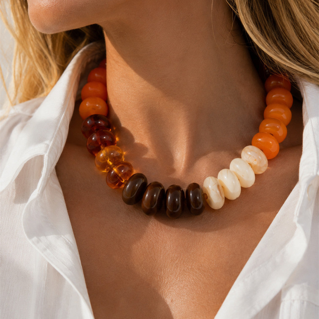 Bohemian Vintage Geometric Gradient Resin Beaded Necklace for Women