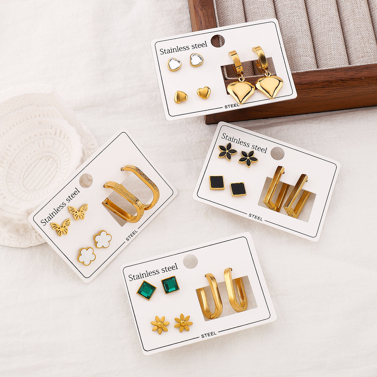 Pendientes de Acero Inoxidable Geométricos Minimalistas con Acabado Esmaltado y Estampado Floral para Mujer