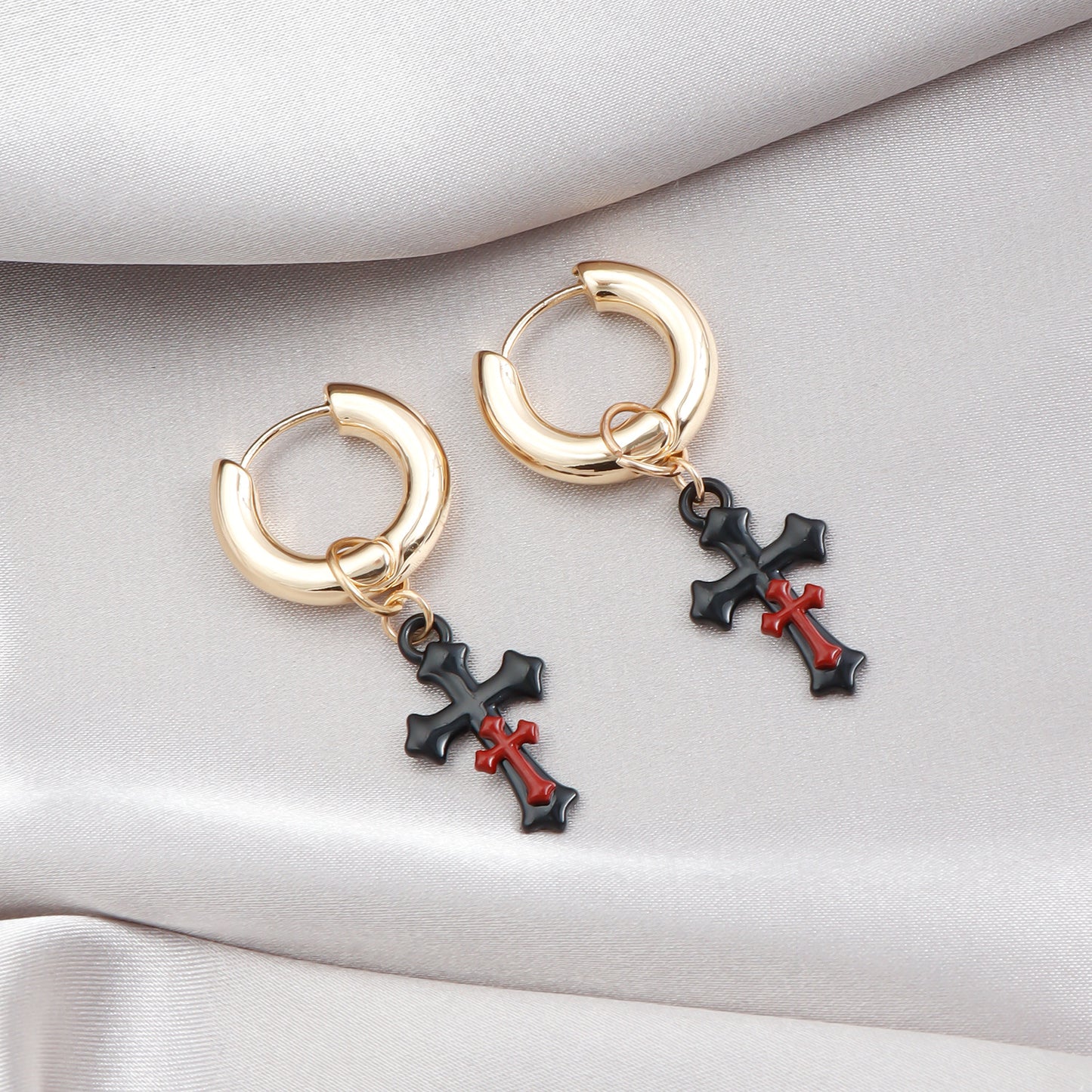 Vintage Gothic Cross Hoop Earrings for Women in Alloy with Electroplated Finish