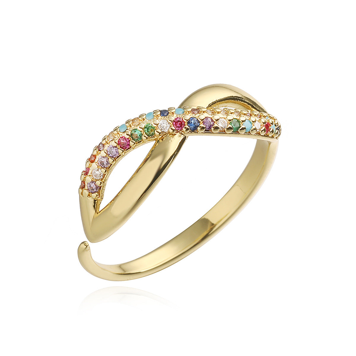 Minimalist Geometric Open Ring for Women Made of Brass with 18K Gold Plating and Multicolor Zircon Inlay
