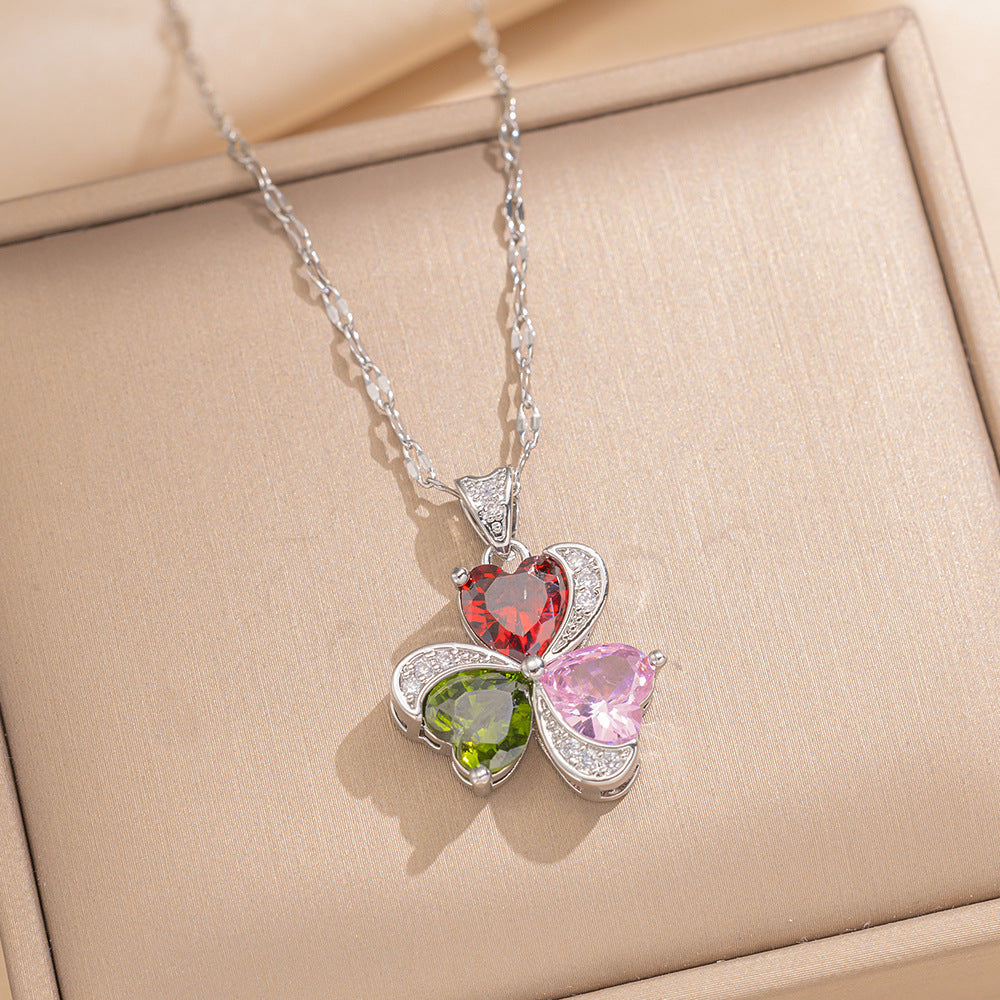 Elegant Minimalist Heart-Shaped Titanium Steel Necklace and Earrings Set with Rhinestone Inlay for Women