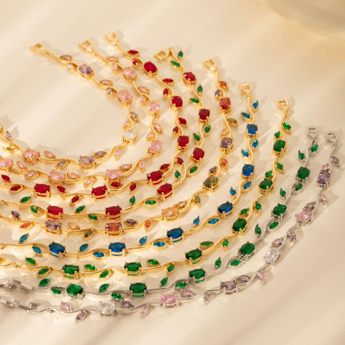Luxury Gold Plated Brass Leaf Bracelet with Cubic Zirconia Inlay Unisex Floral Design