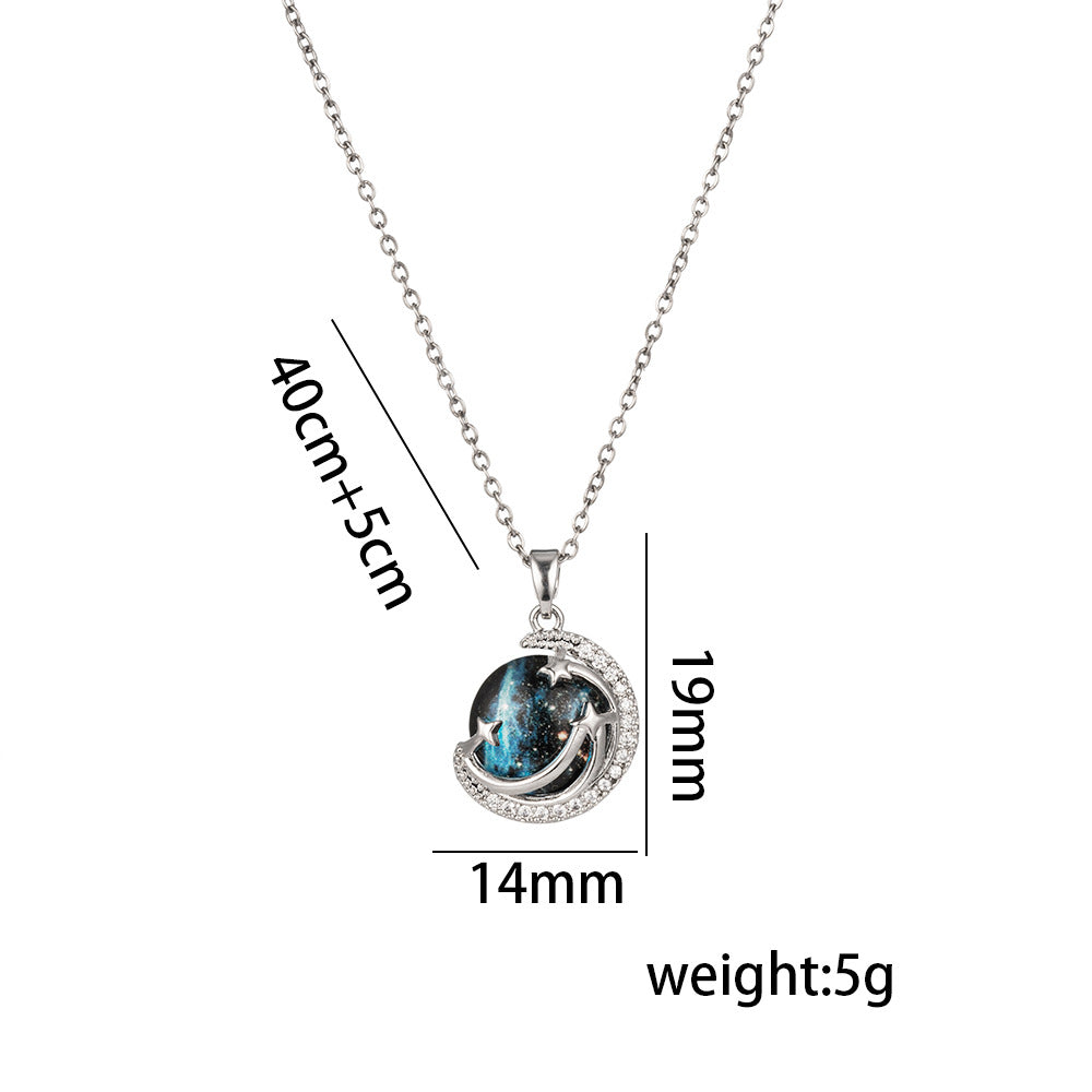 Collar de lujo de planeta geométrico para mujer, chapado en acero titanio con circonita micropavé, cadena de clavícula de cielo estrellado azul