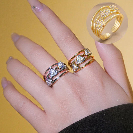 Anello a Cuore Geometrico Lusso Leggero Regolabile Aperto Rame Strass Placcato Oro 18K Donna