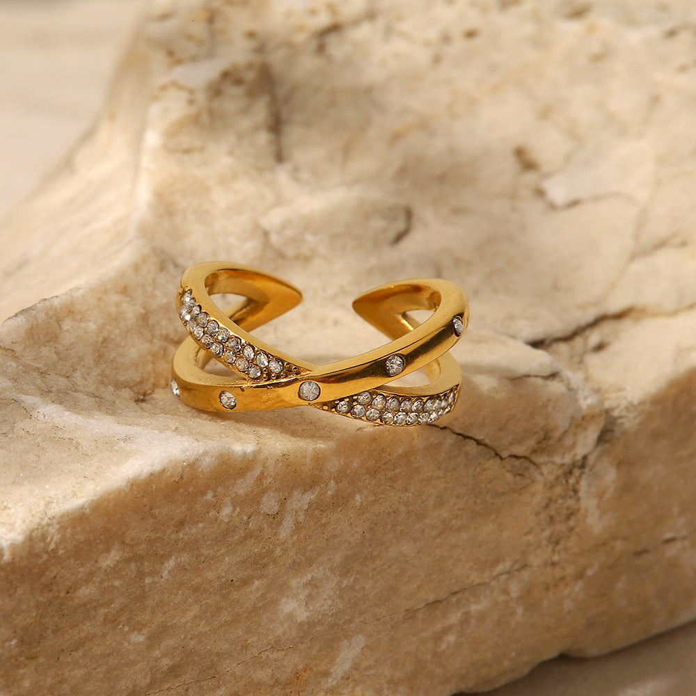 Minimalist French-Inspired Geometric Stainless Steel Ring with 18K Gold Plating, White Rhinestone Inlay, and Adjustable Open Band for Women