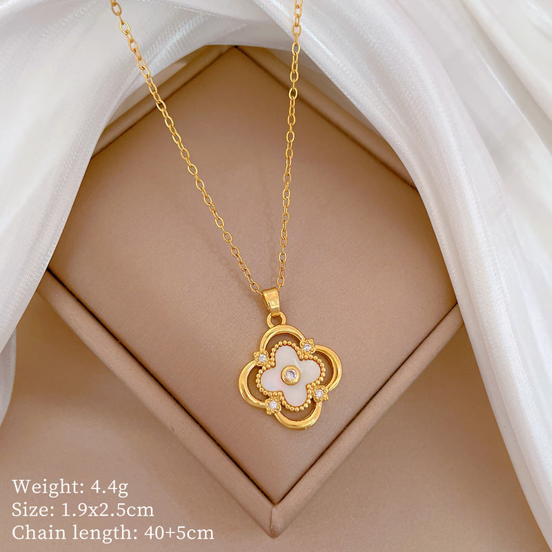 Geometric Minimalist Titanium Steel Lip Chain Necklace with Copper Pendant and Rhinestone Inlay