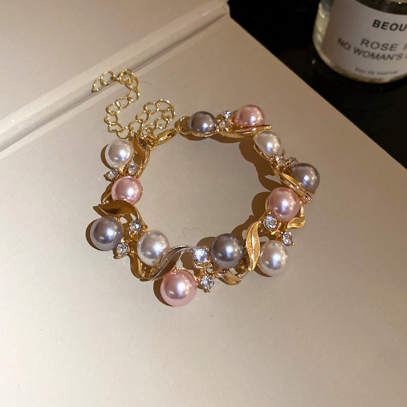 Vintage Luxury Geometric Cubic Zirconia Inlaid Pearl Bracelet for Women