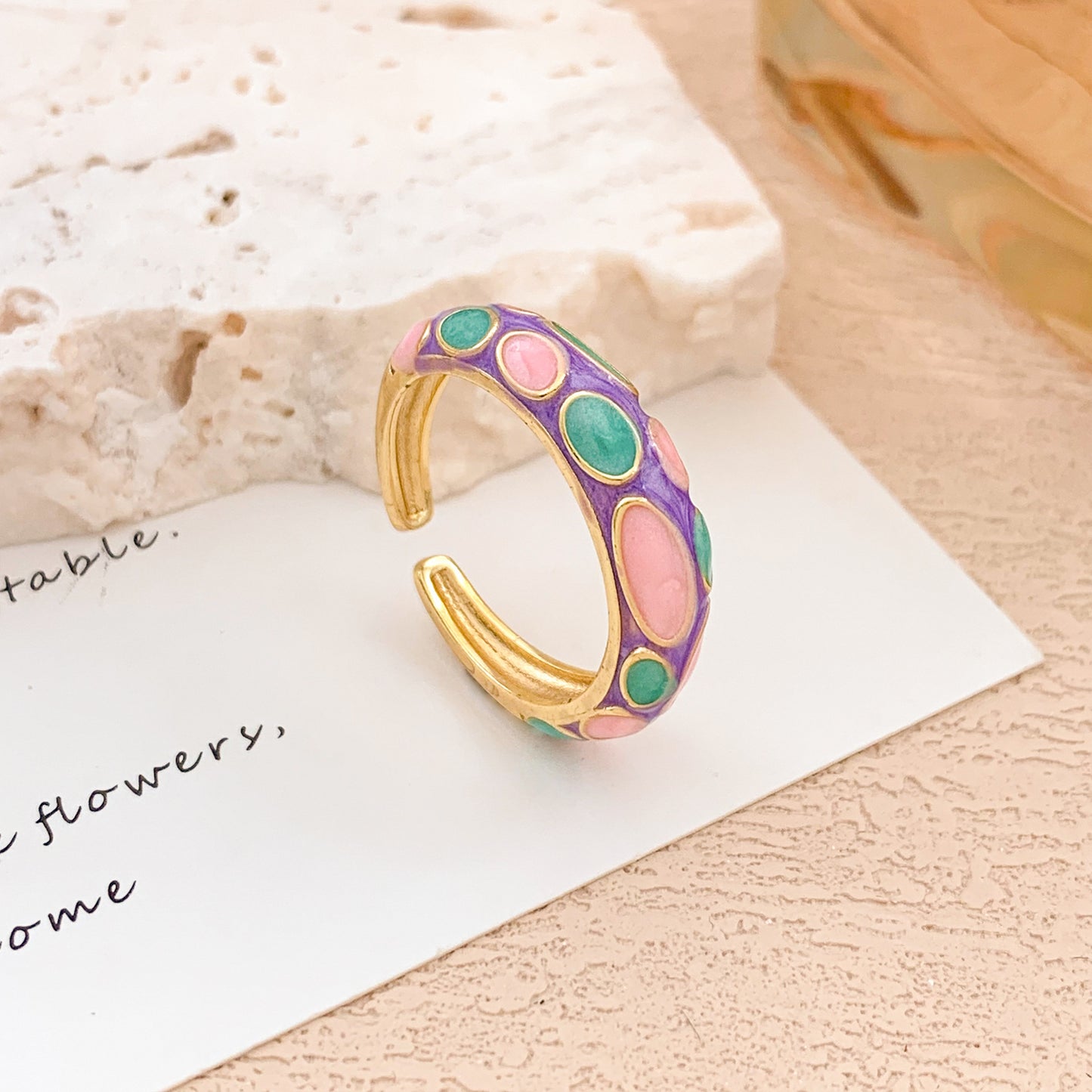 Anello regolabile aperto da donna vintage elegante in lega placcato oro con olio a goccia a pois geometrici