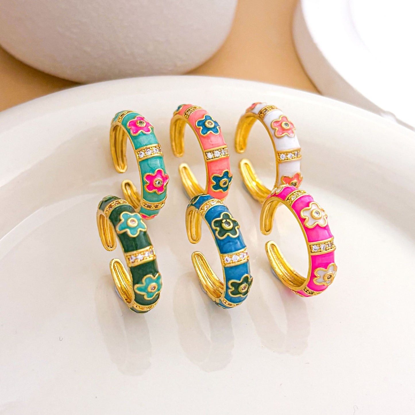 Sweet Floral Enamel Drip Oil Brass Ring with Cubic Zirconia Inlay 18K Gold Plated Adjustable for Women