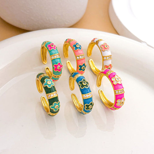 Anillo de Latón Floral Dulce con Esmalte de Goteo y Zirconia Cúbica Incrustada, Chapado en Oro de 18K, Ajustable para Mujer