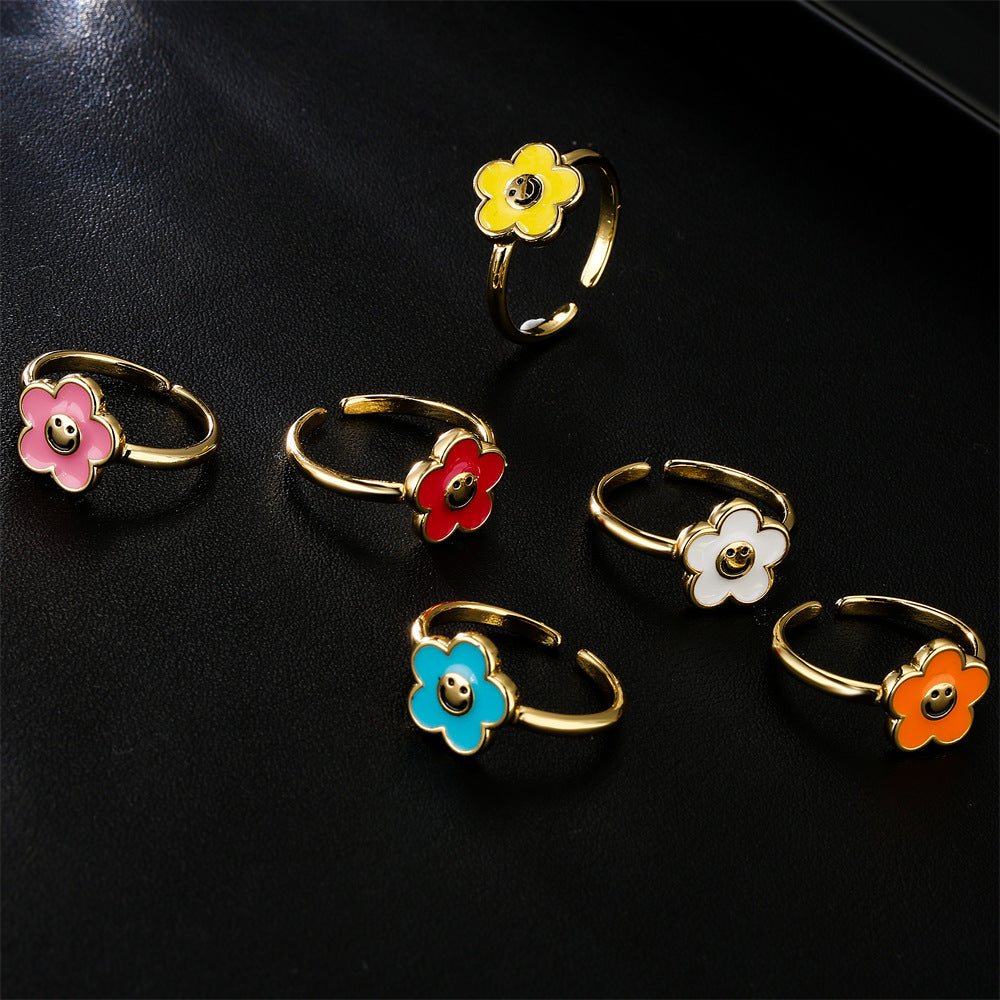 Fashion Drip Oil Gold Plated Brass Geometric Flower Open Ring for Women