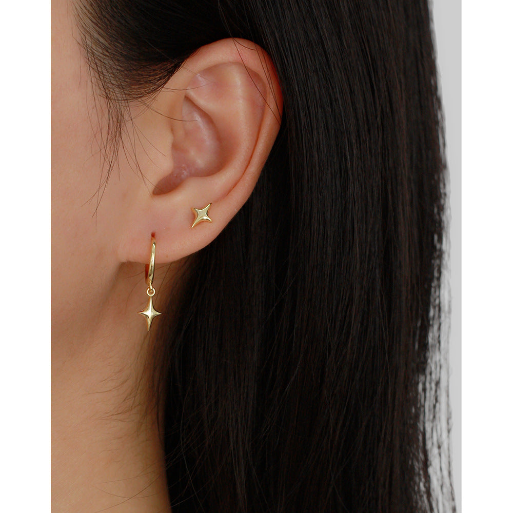 Minimalist Polished Four-Point Star 925 Sterling Silver Stud Earrings