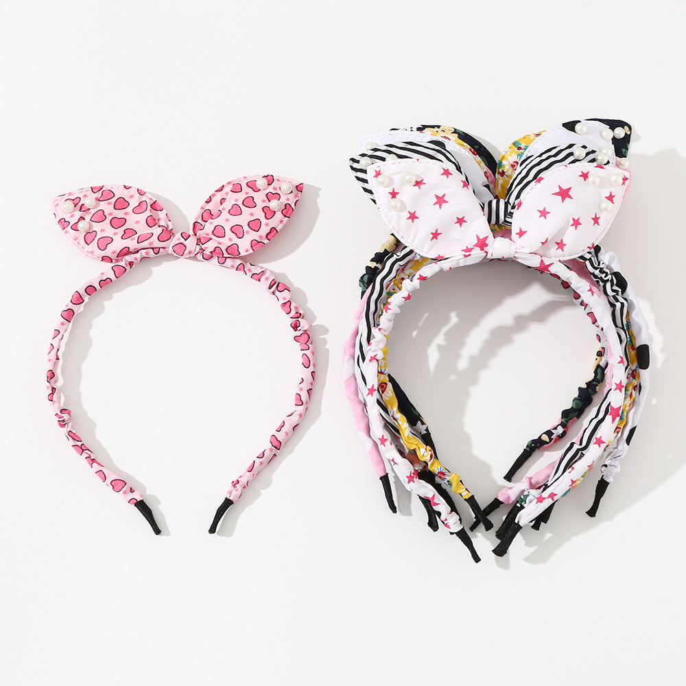 Cute Bow-Knot Rabbit Ear Headband for Kids with Pearl Accents in Fabric Material, Handmade Floral-Inspired Hair Accessory Set