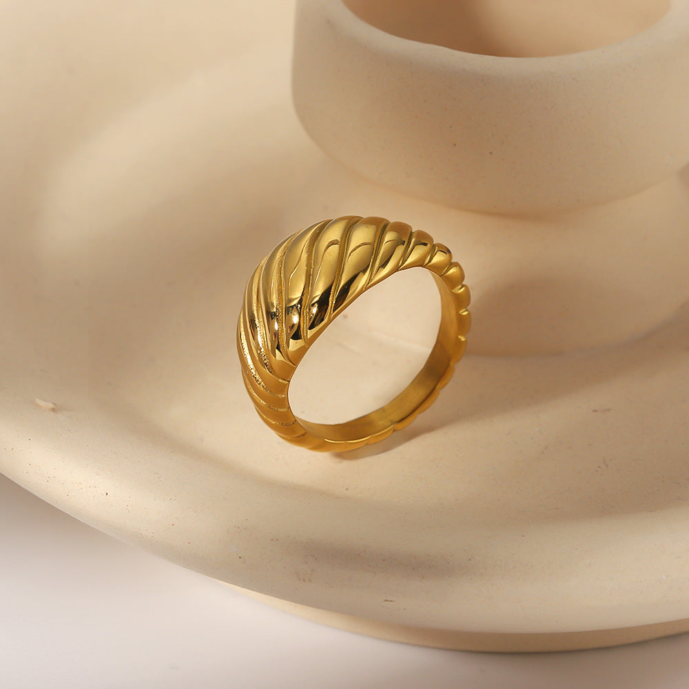 Retro Geometric Wrinkled Stainless Steel Ring with 18K Gold Plating for Women