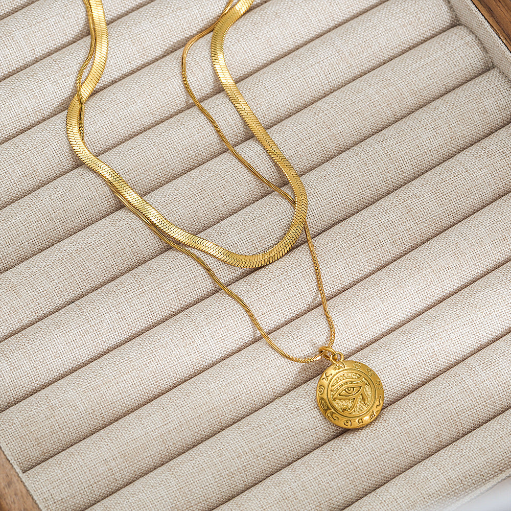 Collar de cadena de serpiente de doble capa a la moda con colgante de ojo turco en acero inoxidable con baño de oro de 18 quilates