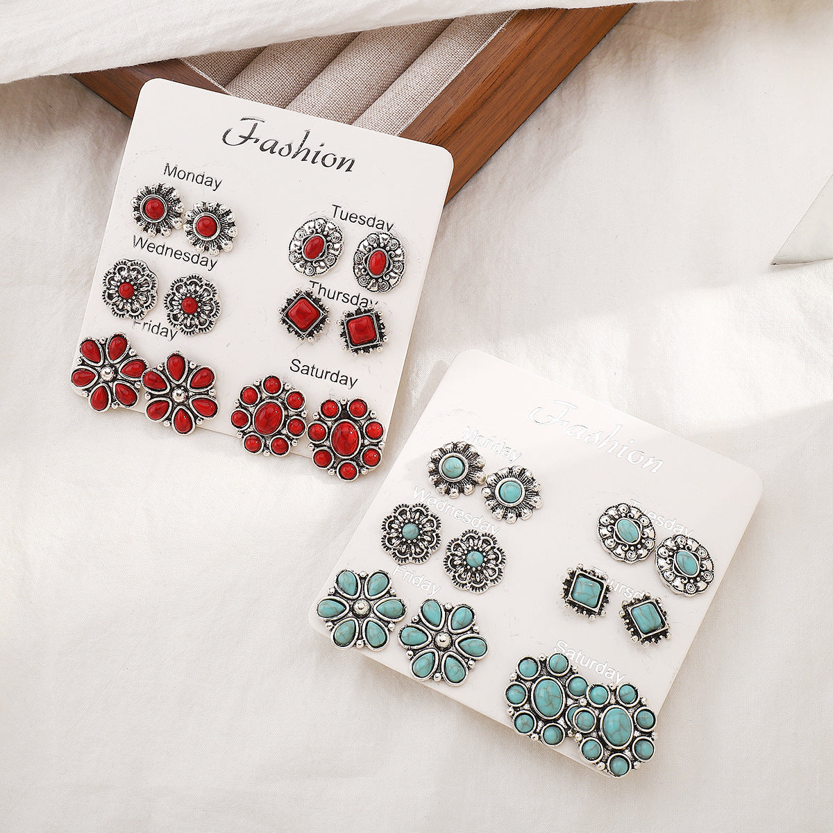 Pendientes Étnicos Vintage de Círculo Grande Geométrico Floral Turquesa con Incrustaciones y Acabado Chapado para Mujer