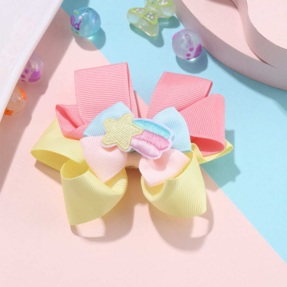 Cartoon Bow Hair Clip for Kids in Rainbow Color Pattern with Embroidery and Handmade Fabric Construction