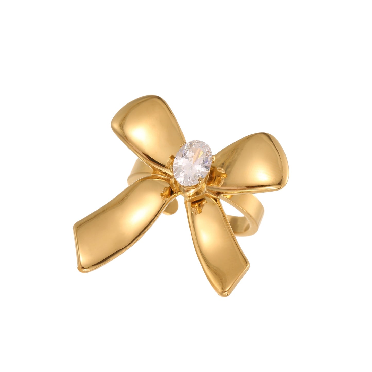 Anillo de Acero Inoxidable con Zirconia en Forma de Lazo, Chapado en Oro de 18K, Ajustable, Abierto, para Mujer