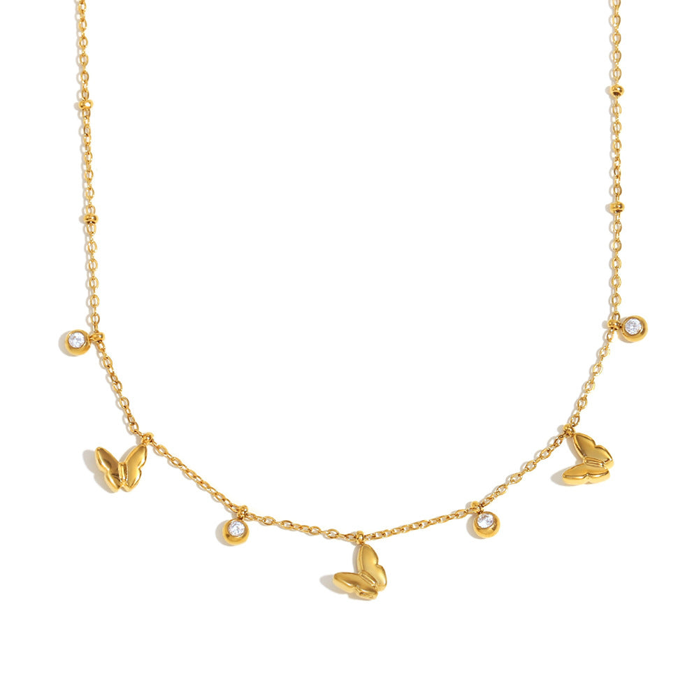 Collana con Pendente a Farfalla Minimalista in Acciaio Inossidabile con Placcatura in Oro 18K e Intarsio in Zirconi per Donna