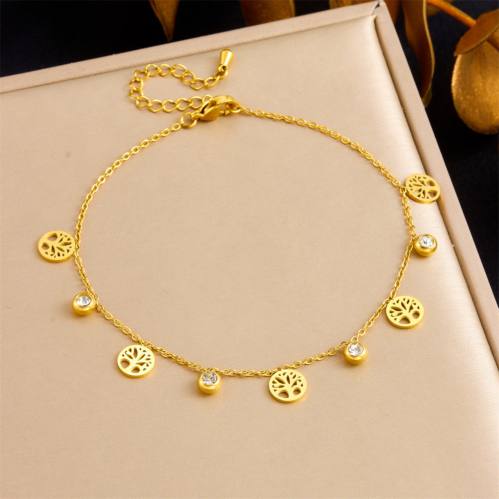 Casual Rhinestone Inlaid Round Cross Tree of Life Hollow Stainless Steel Anklet for Women