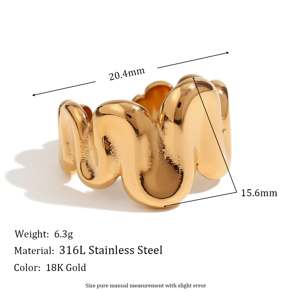 Anello da donna a forma di ventaglio in acciaio inossidabile placcato oro 18 carati con onda geometrica vintage