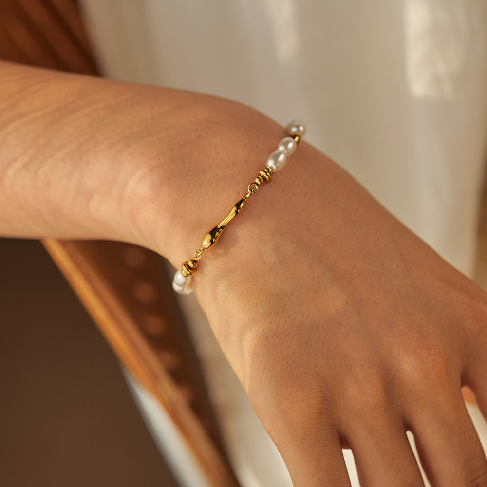Bracciale da donna vintage con perle intarsiate in acciaio inossidabile placcato oro 18 carati a forma di goccia geometrica