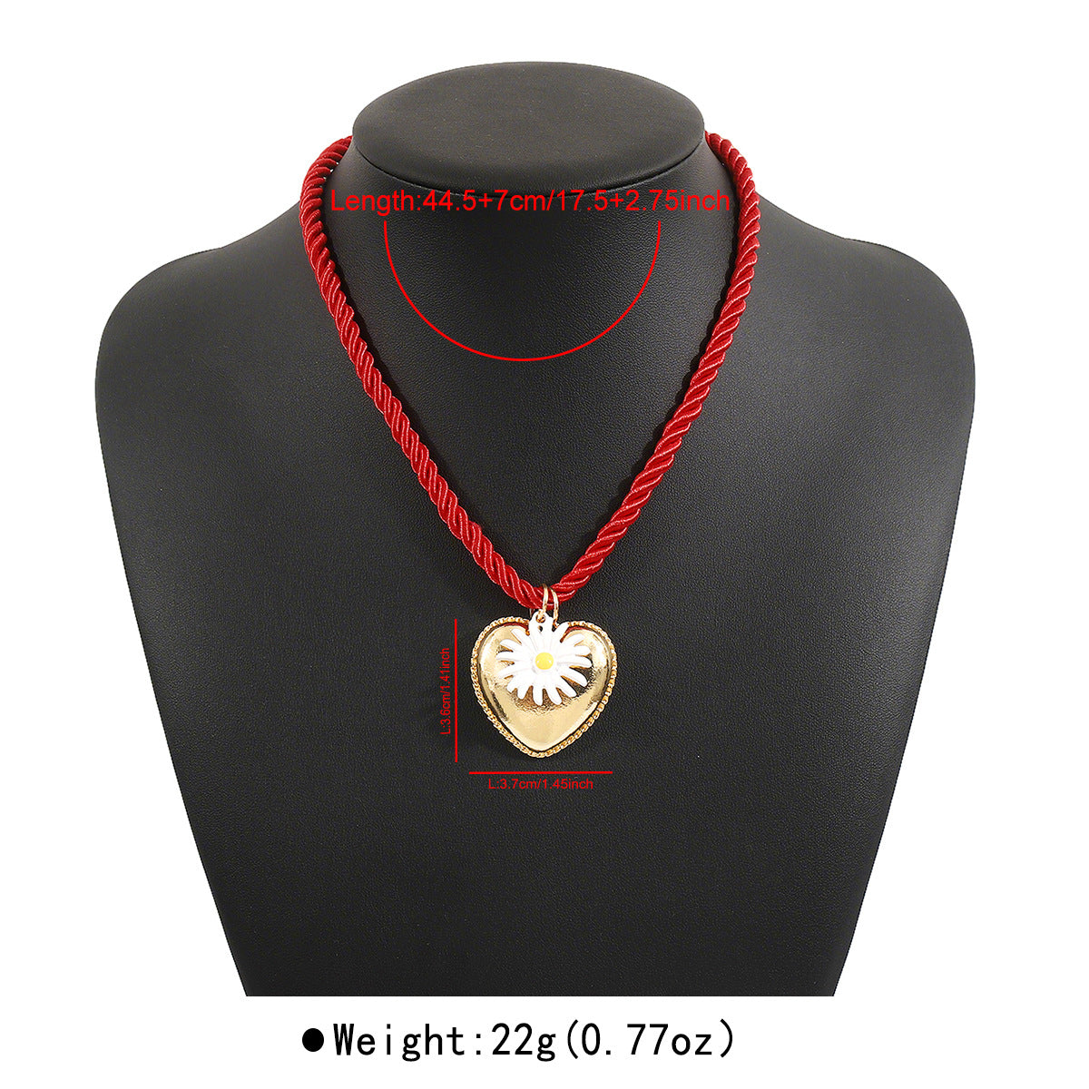 Collar con colgante de corazón y margarita estilo vacacional para mujer con cordón de poliéster, colgante de aleación y acabado esmaltado